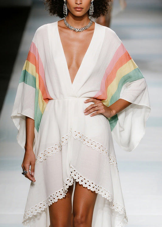 Elegant V Neck Asymmetrical Design Patchwork Cotton Dresses Summer