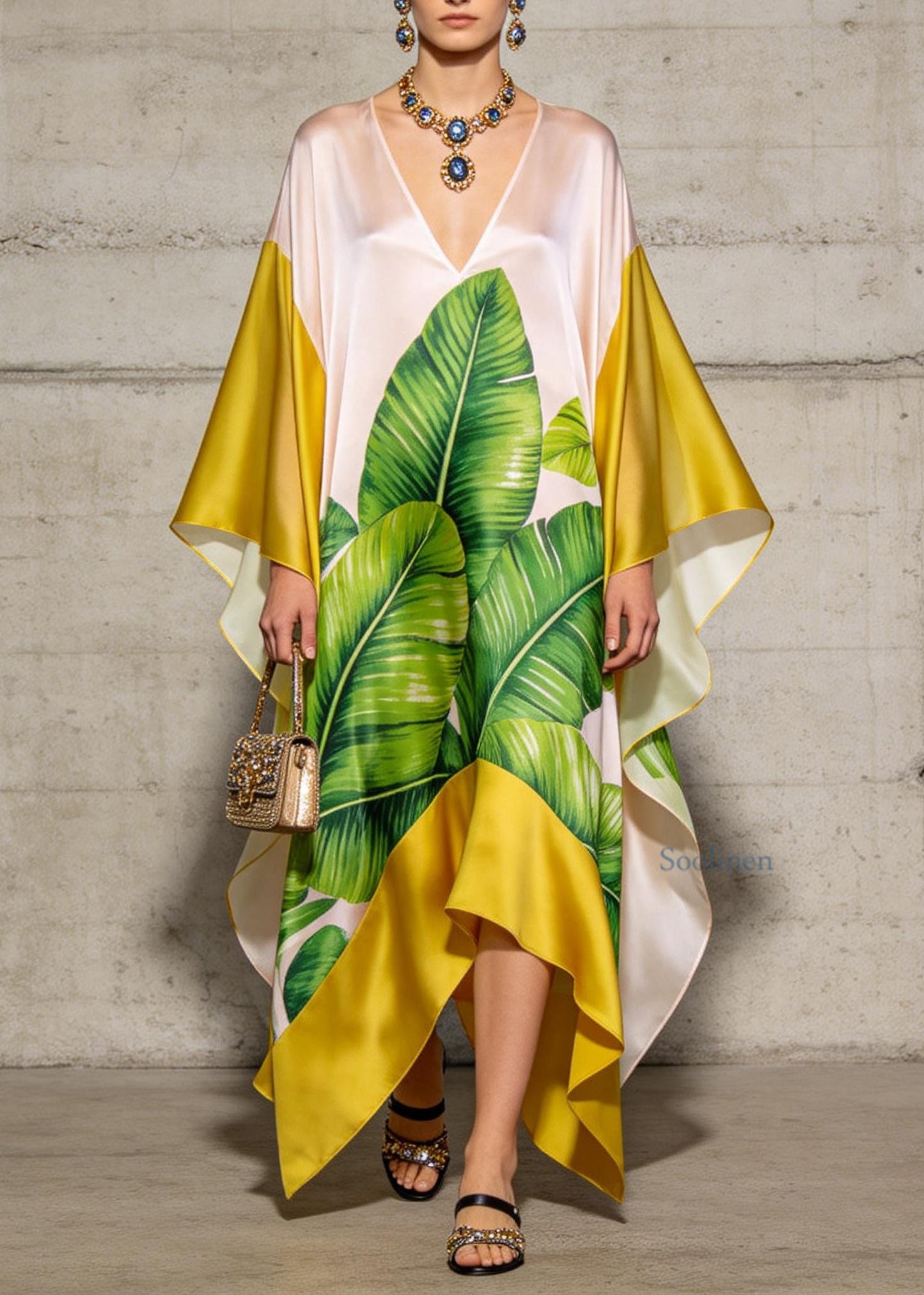 Elegant V Neck Asymmetrical Design Print Chiffon Dresses Summer