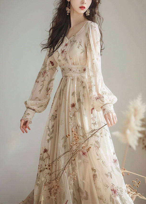 Elegantes Chiffonkleid mit V-Ausschnitt und Print und hoher Taille, lange Ärmel