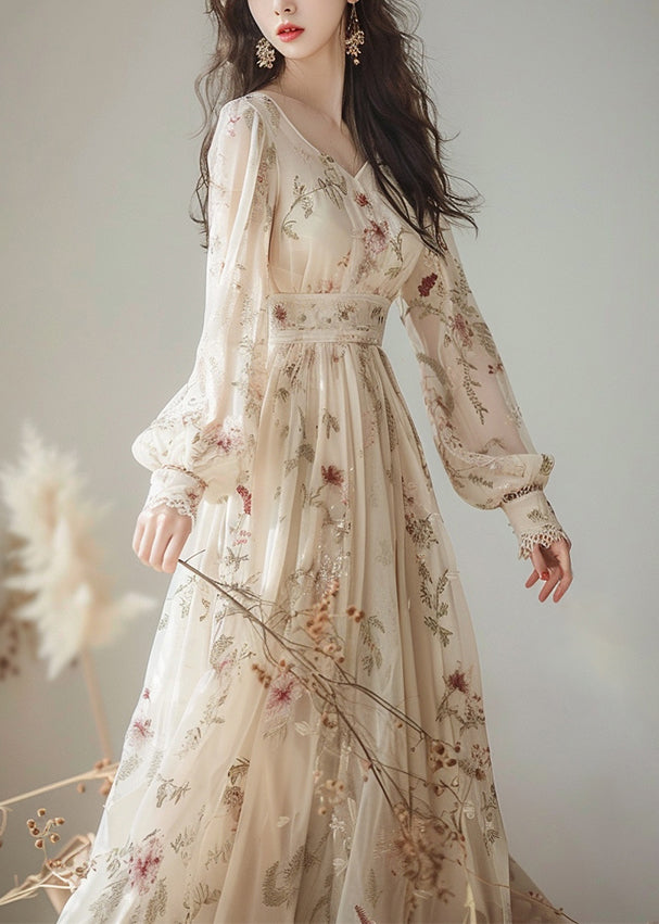 Elegantes Chiffonkleid mit V-Ausschnitt und Print und hoher Taille, lange Ärmel