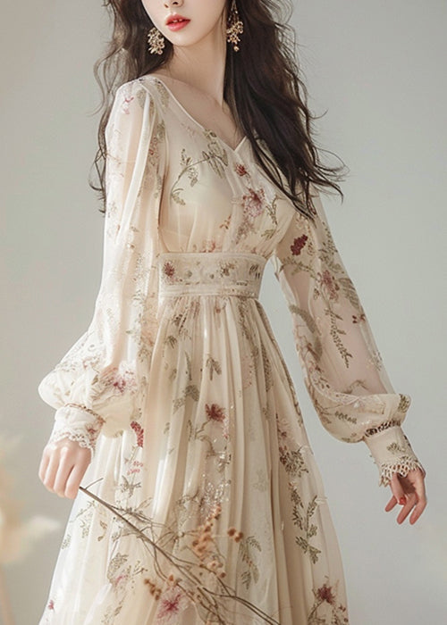 Elegantes Chiffonkleid mit V-Ausschnitt und Print und hoher Taille, lange Ärmel