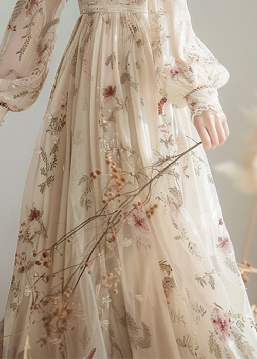 Elegantes Chiffonkleid mit V-Ausschnitt und Print und hoher Taille, lange Ärmel