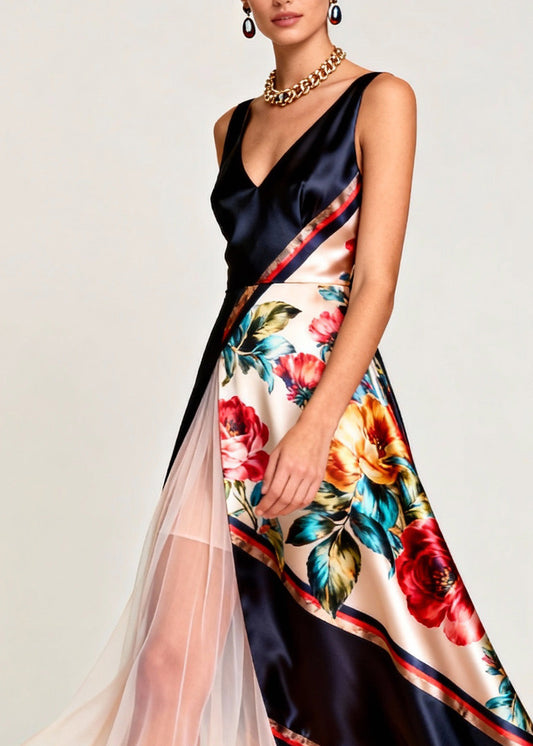 Elegant V Neck Print Tulle Patchwork Silk Long Dress Sleeveless