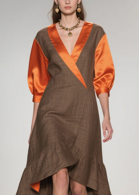 Elegant V Neck Ruffled Silk Patchwork Cotton Dresses Summer