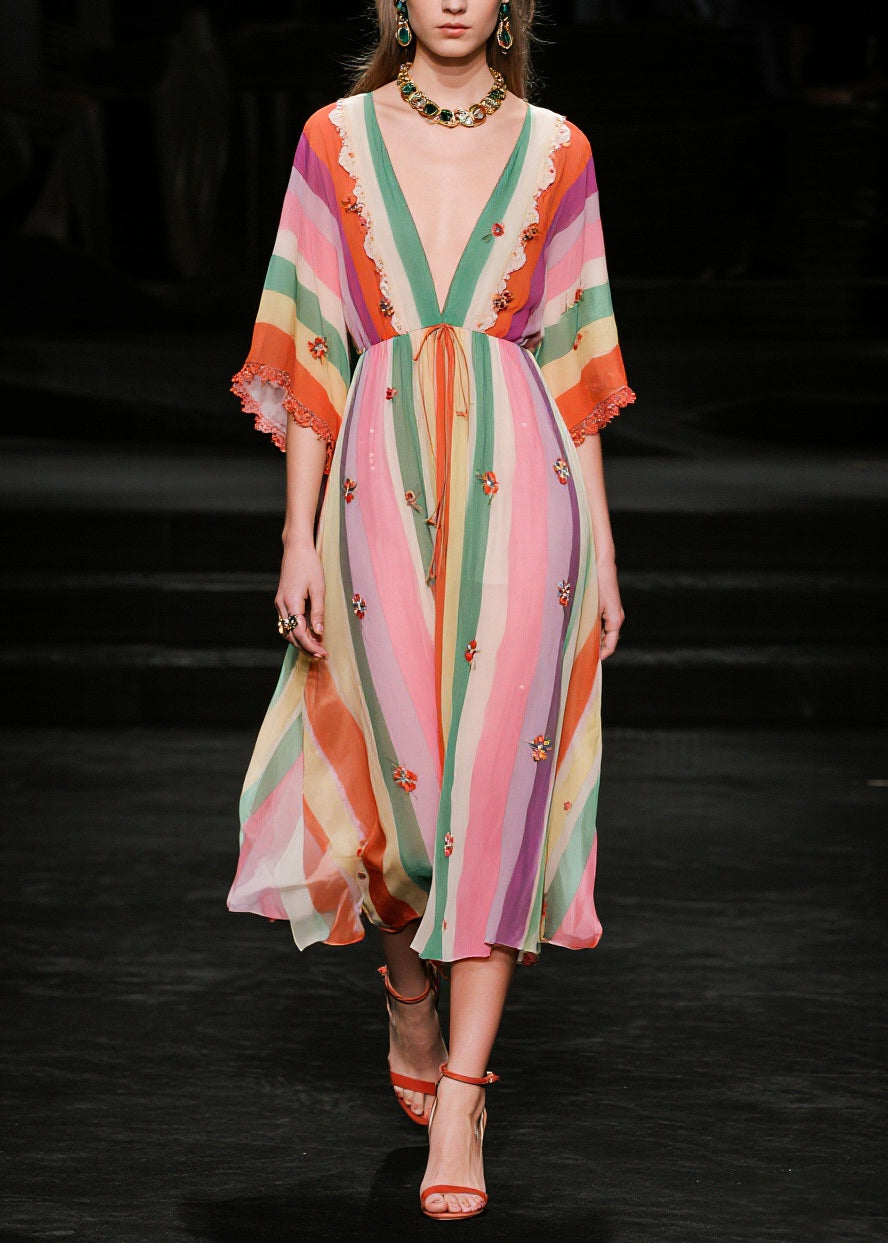 Elegant V Neck Striped Chiffon Vacation Dress Half Sleeve