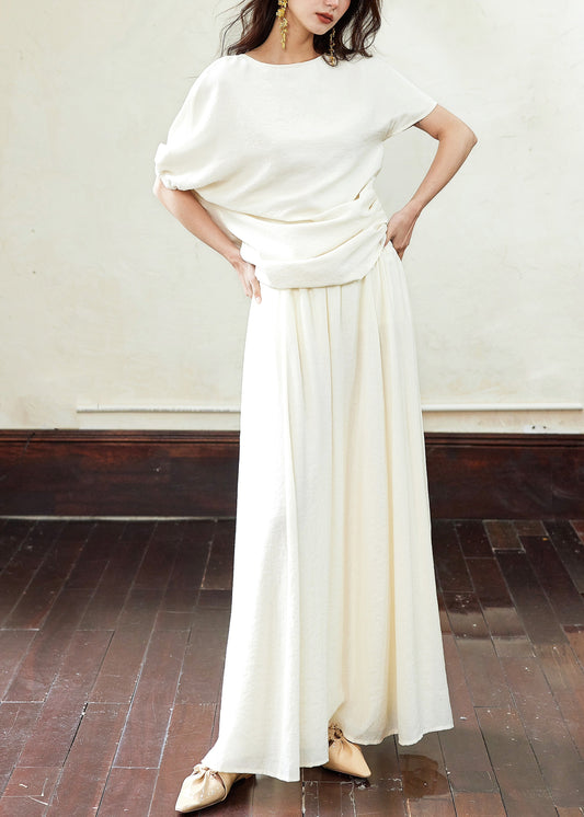 Elegant White Asymmetrical Wrinkled T Shirts And Skirts Cotton Two Piece Set Summer