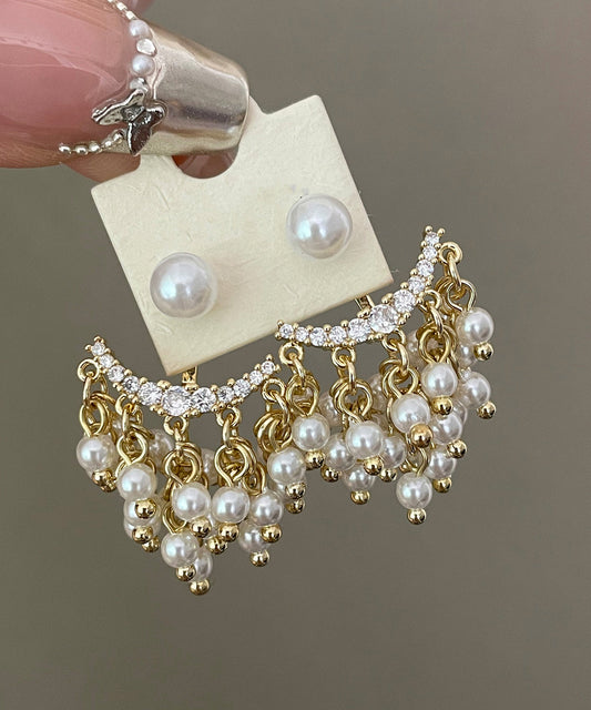 Elegant White Copper Alloy Acrylic Pearl Tassel Stud Earrings