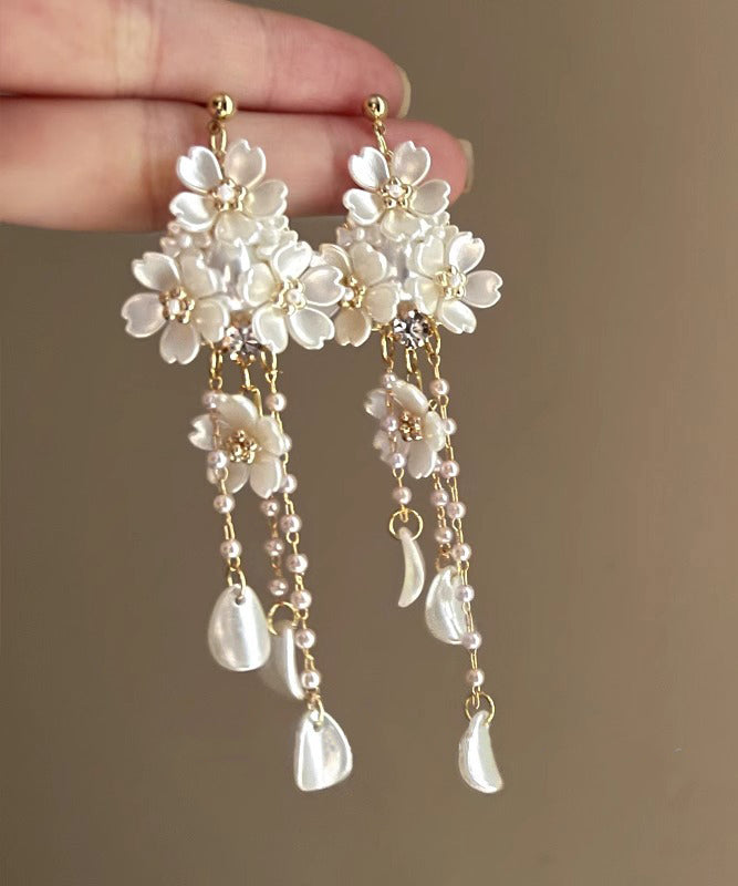 Elegant White Copper Overgild Pearl Floral Tassel Drop Earrings