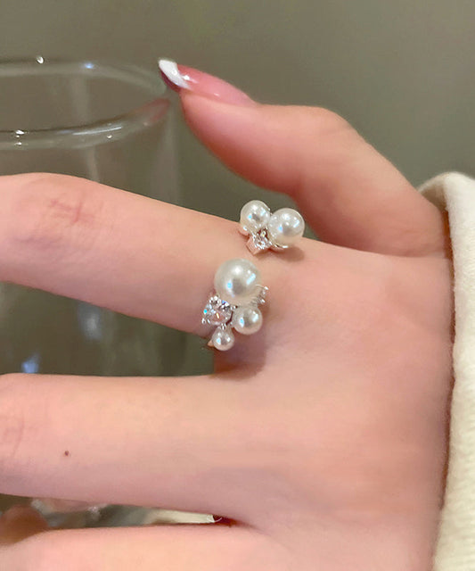 Elegant White Copper Zircon Pearl Open Rings