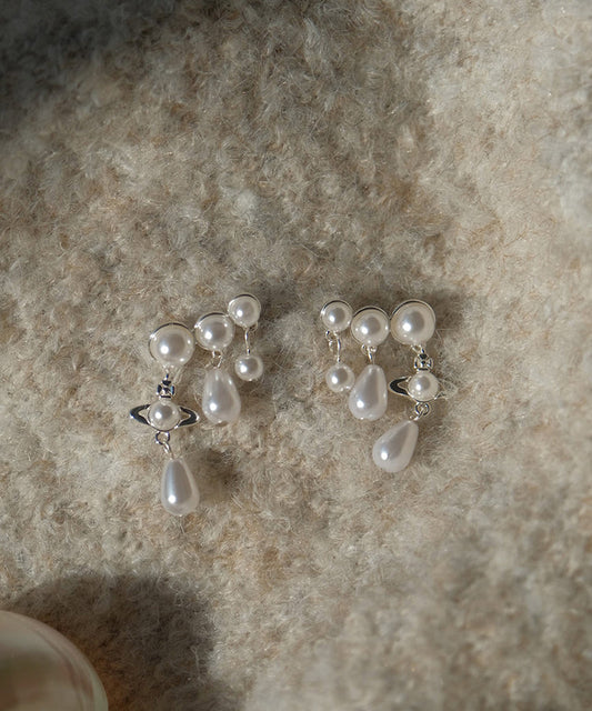 Elegant White Copper Zircon Pearl Tassel Drop Earrings