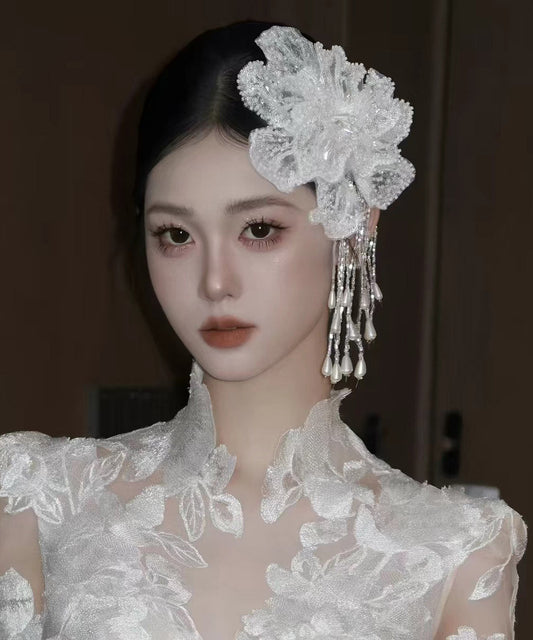 Elegant White Lace Double-Layer Floral Sequins Tassel Single Hairpin