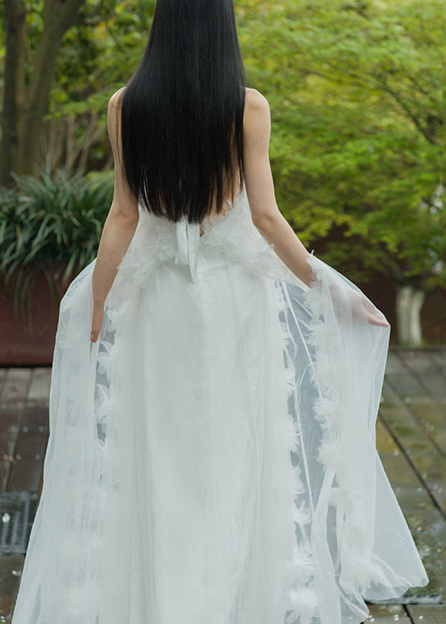 Elegante weiße Schnürung Solid Tüll Maxi Kleider Sommer