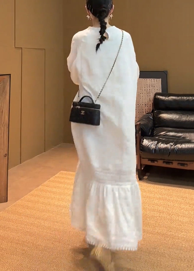 Elegant White O Neck Pockets Solid Cotton Long Dress Summer