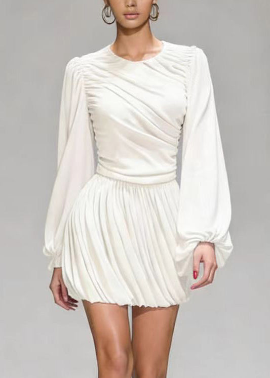 Elegant White O Neck Wrinkled Patchwork Mid Dress Lantern Sleeve