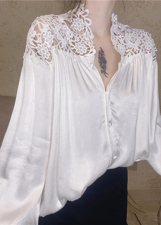 Elegant White Oversized Patchwork Lace Blouse Tops Summer