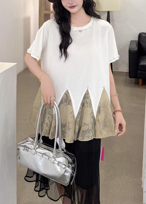 Elegant White Oversized Patchwork Tulle Tops Summer