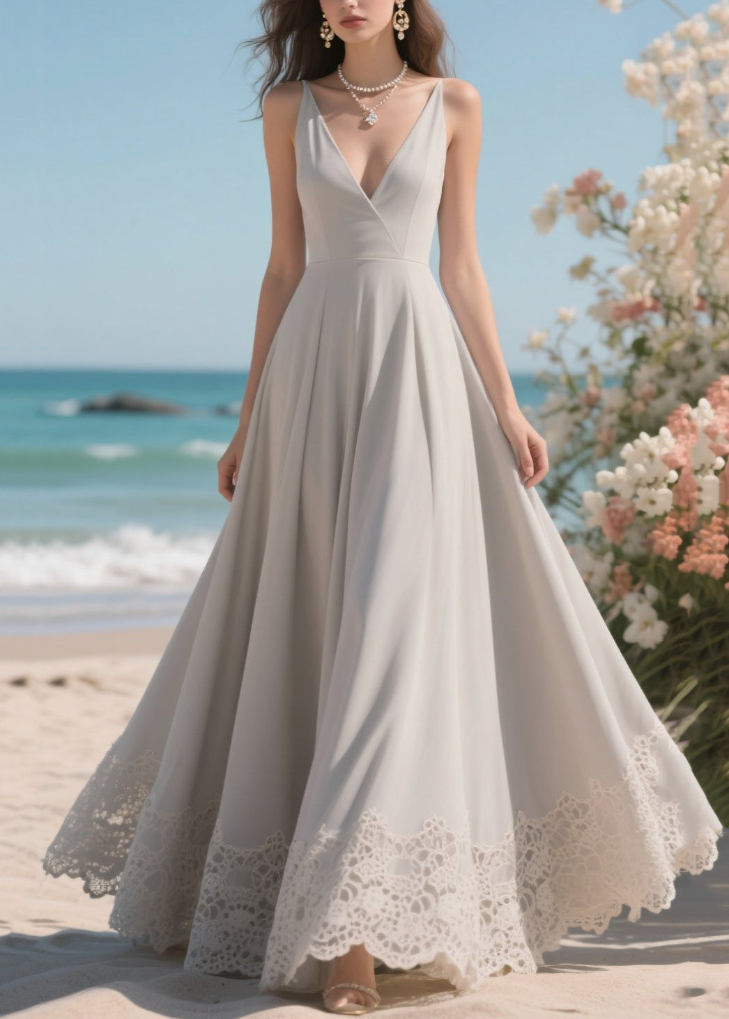 Elegant White Patchwork Lace Exra Large Hem Party Dresses Summer