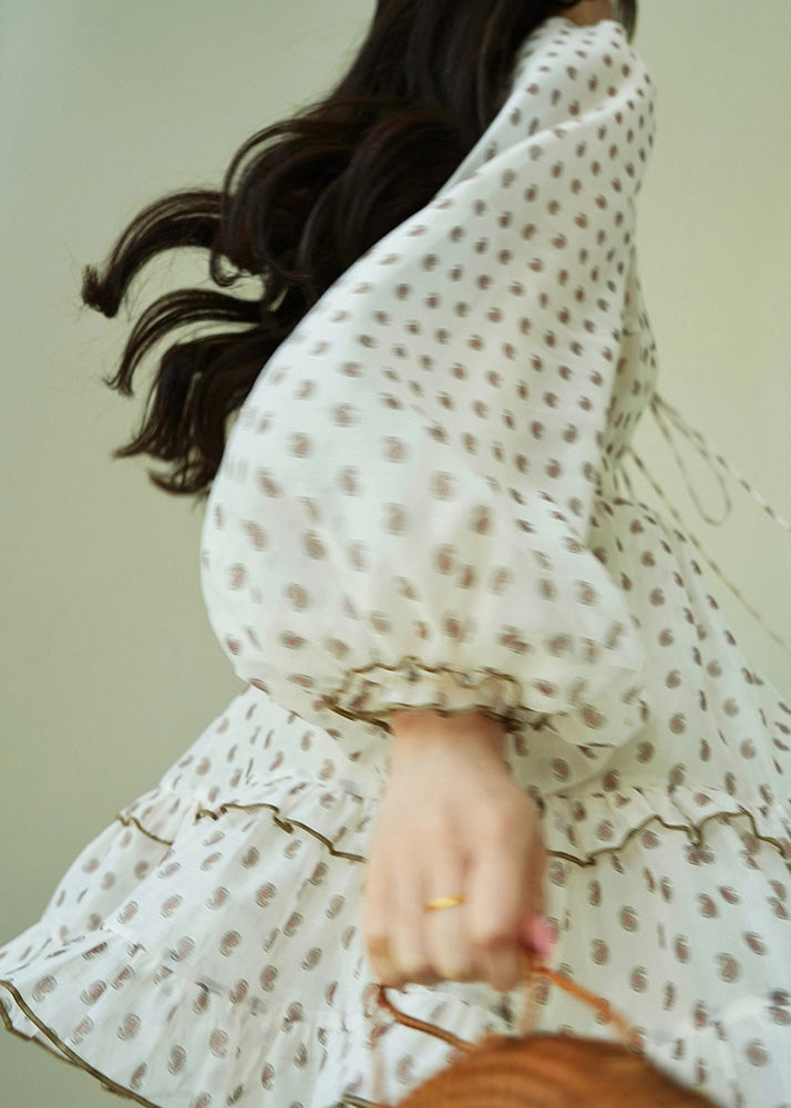 Elegant White Ruffled Print Shirts And Skirts Chiffon Two Piece Set Spring