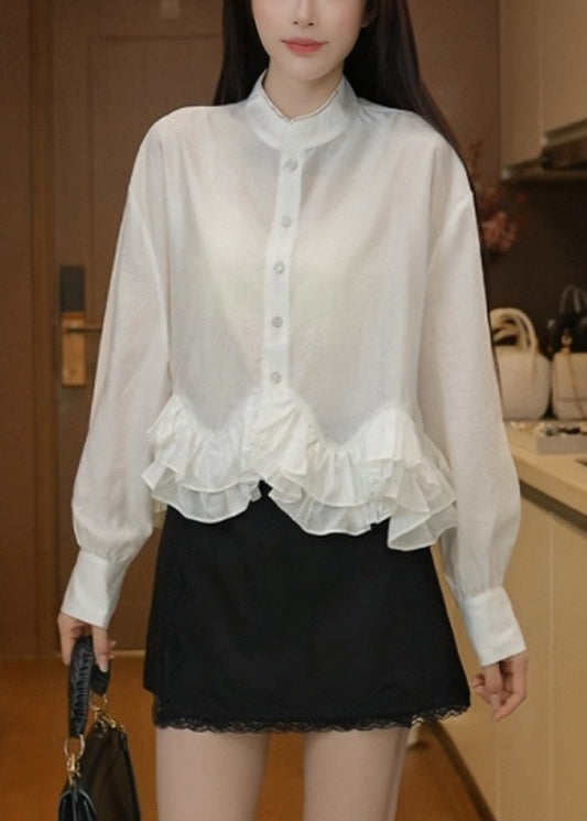 Elegant White Stand Collar Ruffled Cotton Blouses Fall