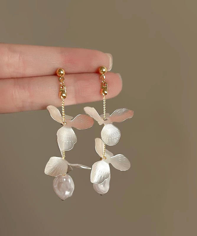 Elegant White Stelring Silver Overgild Pealr Iris Drop Earrings