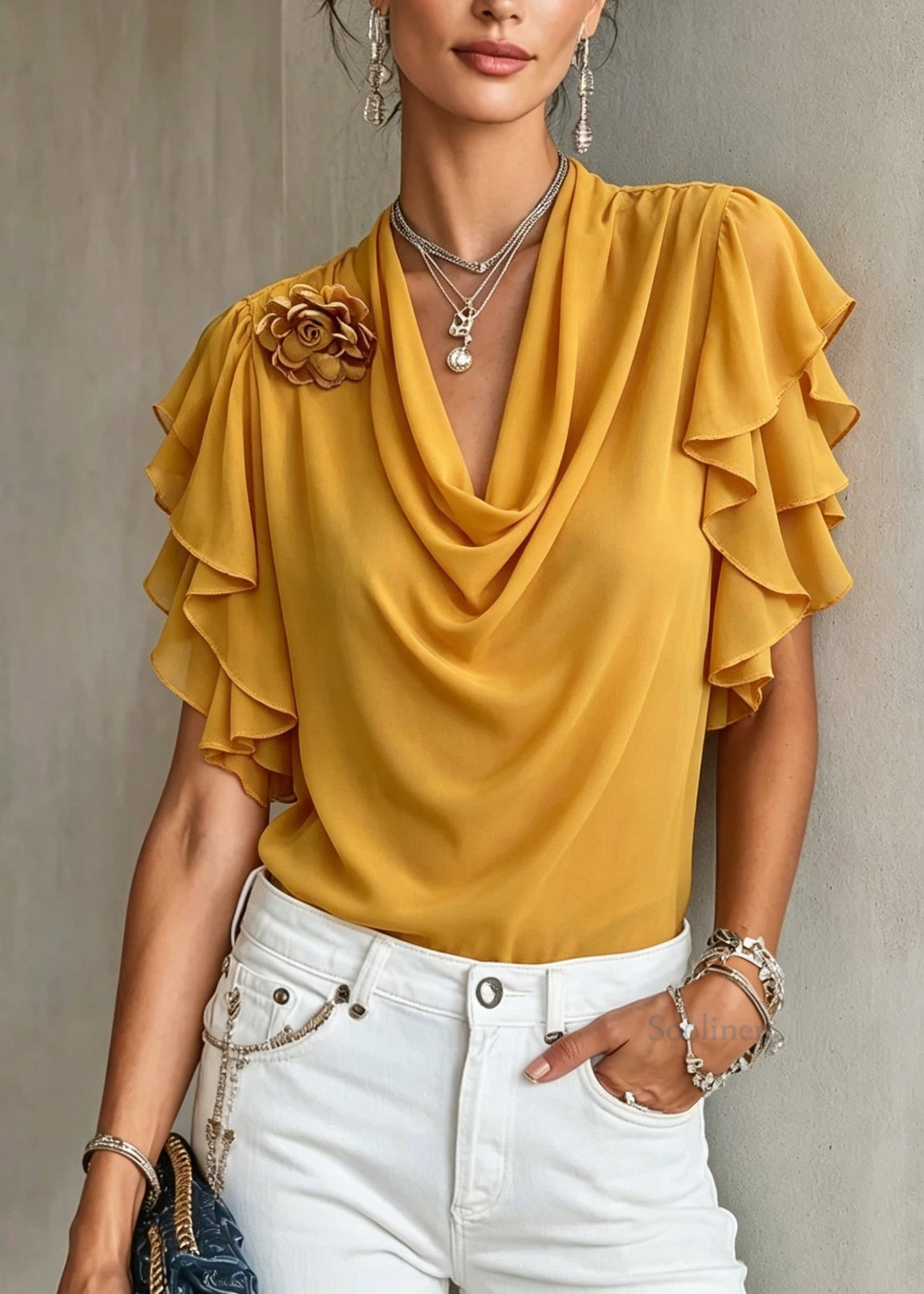 Elegant Yellow Floral Chiffon Shirts Butterfly Sleeve
