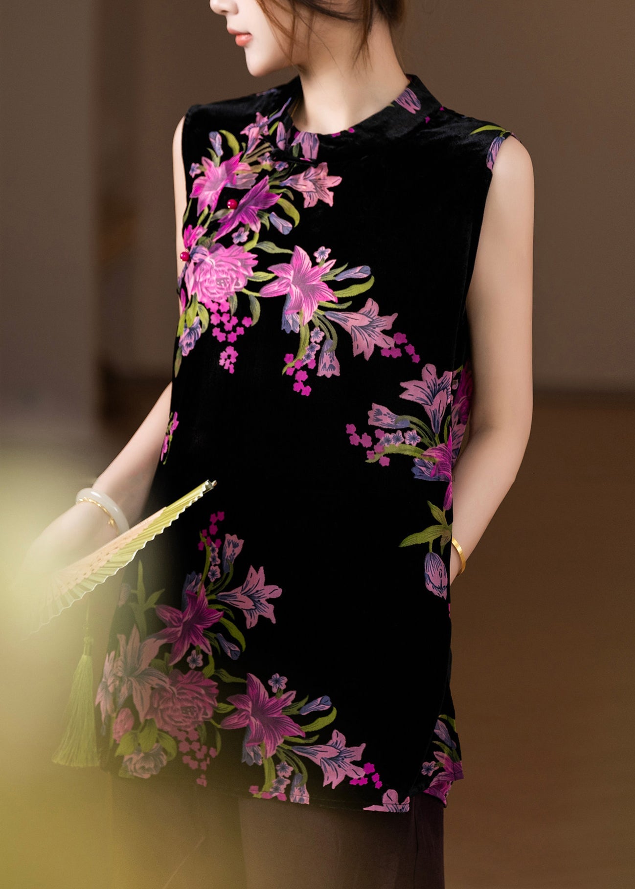 Elegant Yellow Floral Silk Velour Top Summer