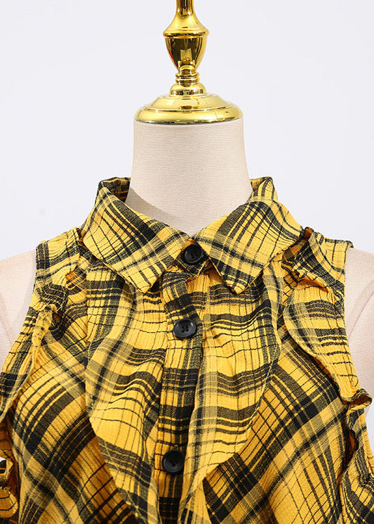 Elegant Yellow Ruffled Plaid Cotton Blouse Tops Sleeveless