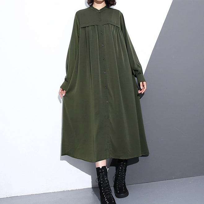 Elegantes, armeegrünes Herbstkleid aus Seiden-Baumwoll-Mischgewebe in Übergröße mit Stehkragen, Kleider aus Seiden-Baumwoll-Mischgewebe, 2018 Taschen, lange Kleider