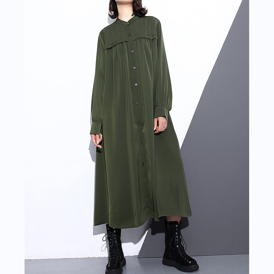 Elegantes, armeegrünes Herbstkleid aus Seiden-Baumwoll-Mischgewebe in Übergröße mit Stehkragen, Kleider aus Seiden-Baumwoll-Mischgewebe, 2018 Taschen, lange Kleider