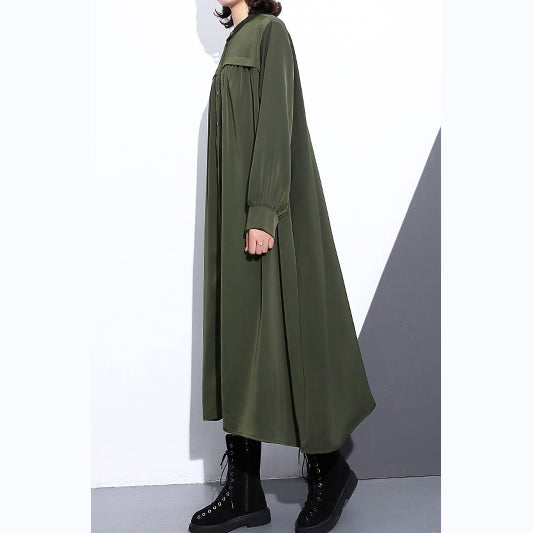 Elegantes, armeegrünes Herbstkleid aus Seiden-Baumwoll-Mischgewebe in Übergröße mit Stehkragen, Kleider aus Seiden-Baumwoll-Mischgewebe, 2018 Taschen, lange Kleider