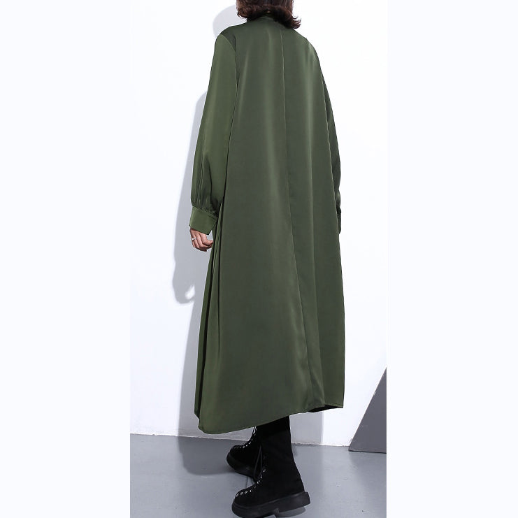 Elegantes, armeegrünes Herbstkleid aus Seiden-Baumwoll-Mischgewebe in Übergröße mit Stehkragen, Kleider aus Seiden-Baumwoll-Mischgewebe, 2018 Taschen, lange Kleider