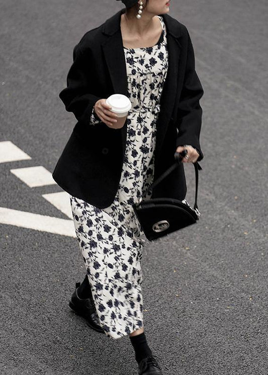 Elegant black Woolen Coat Women trendy plus size coats Notched back side open coat - SooLinen