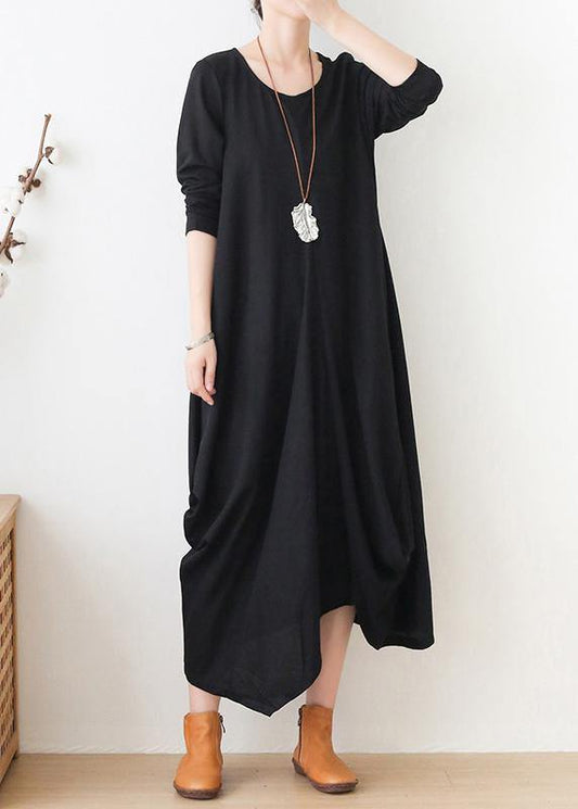 Elegant black clothes For Women o neck asymmetric Maxi fall Dresses - SooLinen