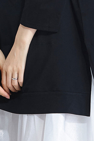 Elegante schwarze Baumwoll-Patchwork-Chiffon-Kleidung Metropolitan Museum Ideen O-Ausschnitt Kaftan Sommerkleid