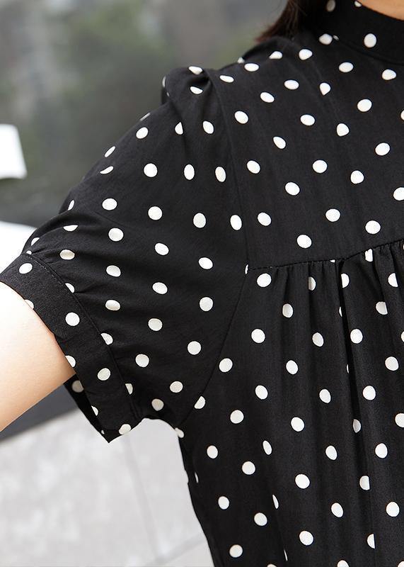 Elegant black dotted cotton clothes For Women stand collar exra large hem Maxi summer Dresses - SooLinen