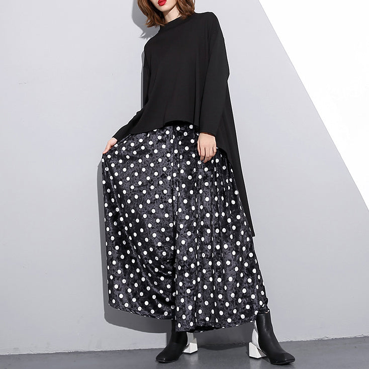 Elegante schwarz gepunktete Plus Size Kleidung elastische Taille Reisen Frauen weite Beinhose Baumwollhose