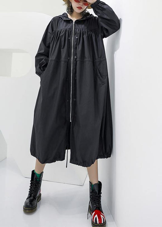 Elegant black oversized maxi coat hooded pockets zippered coat - SooLinen
