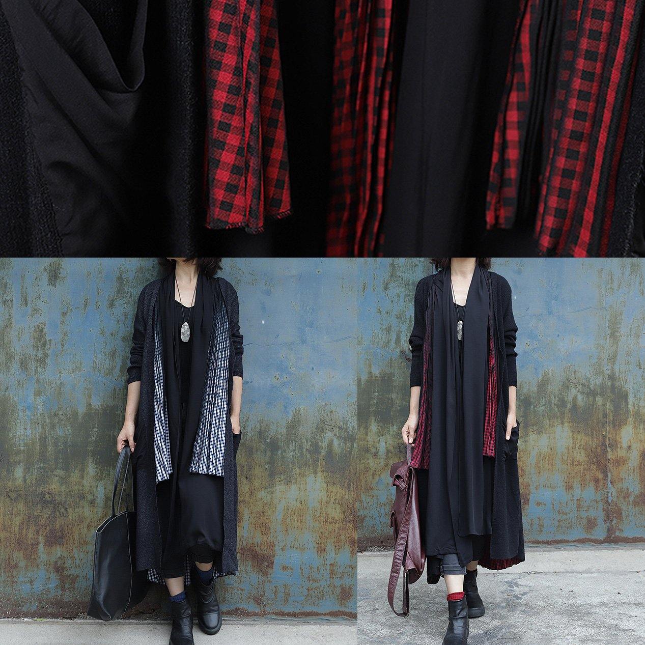 Elegant black patchwork red Plus Size clothes For Women Wardrobes Cinched big pockets women coats - SooLinen