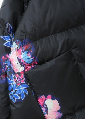 Elegant black print warm winter coat Loose fitting womens parka stand collar pockets Fine overcoat - SooLinen