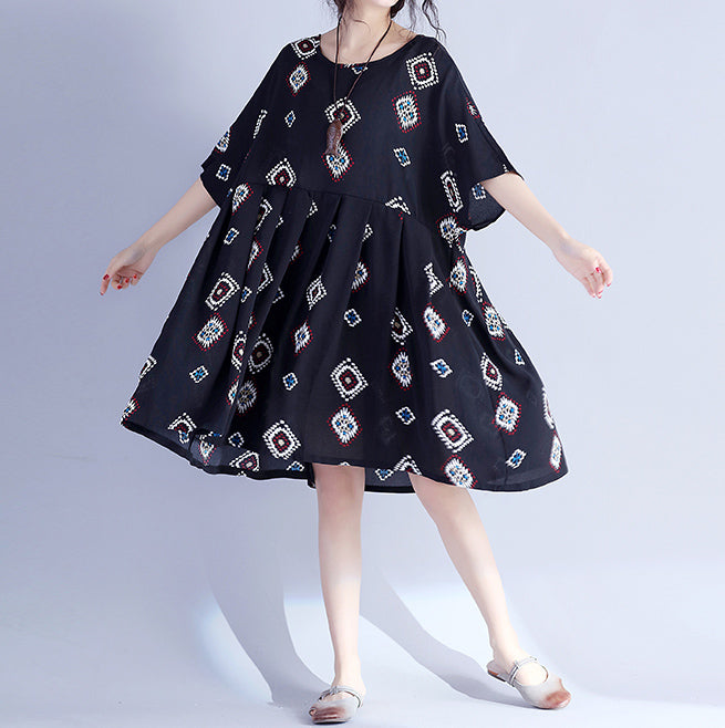 Elegante schwarze Drucke Midi-Länge Baumwollkleid lässige Reisekleidung Neue hohe Taille Cinched Batwing Ärmel Baumwollkleidung Kleid