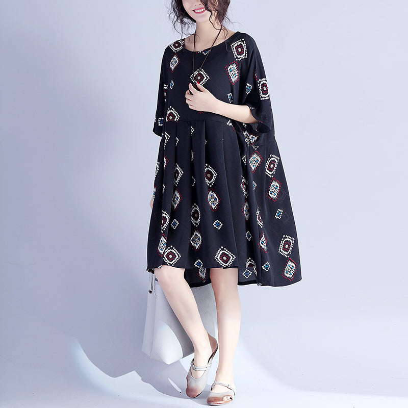 Elegante schwarze Drucke Midi-Länge Baumwollkleid lässige Reisekleidung Neue hohe Taille Cinched Batwing Ärmel Baumwollkleidung Kleid