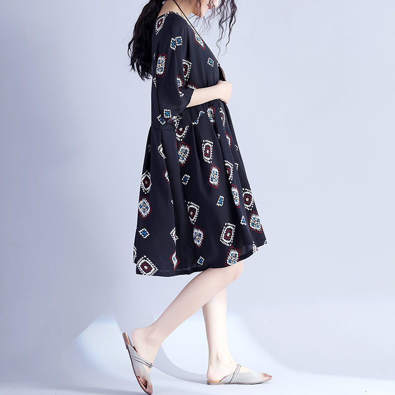 Elegante schwarze Drucke Midi-Länge Baumwollkleid lässige Reisekleidung Neue hohe Taille Cinched Batwing Ärmel Baumwollkleidung Kleid