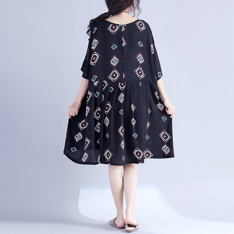 Elegante schwarze Drucke Midi-Länge Baumwollkleid lässige Reisekleidung Neue hohe Taille Cinched Batwing Ärmel Baumwollkleidung Kleid