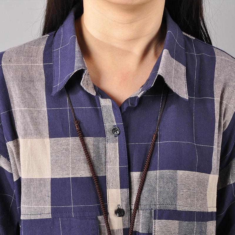 Elegante blaue Baumwollkleider, trendiges Maxikleid aus Baumwolle in Übergröße 2018, kariertes Baumwollkleid mit Reverskragen