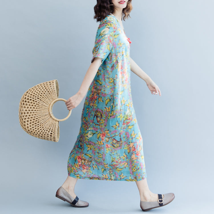 Elegante Leinenkleider mit blauem Aufdruck, Übergrößen, V-Ausschnitt, A-Linien-Röcke, Kaftane 2018, kurzärmelige Kleider