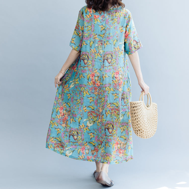 Elegante Leinenkleider mit blauem Aufdruck, Übergrößen, V-Ausschnitt, A-Linien-Röcke, Kaftane 2018, kurzärmelige Kleider