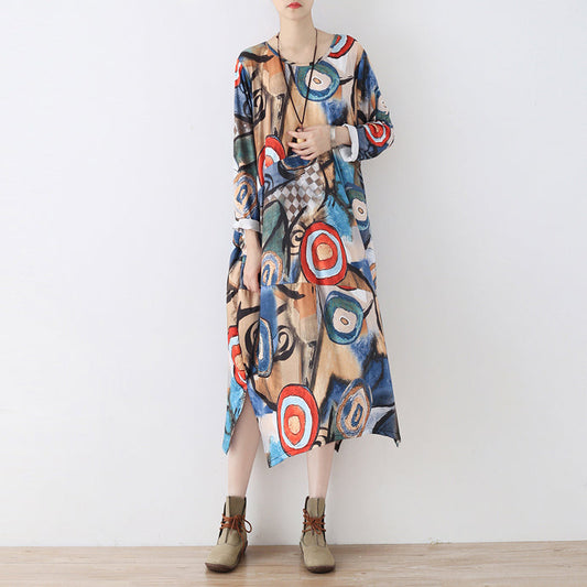 Elegante Baumwollkleider mit blauen Drucken, Übergrößen, seitlich offene Reisekleidung 2024, Kaftane mit Rundhalsausschnitt