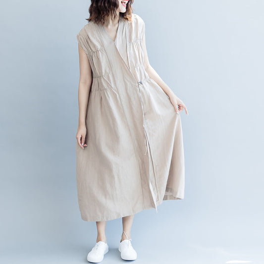 Elegantes burgunderfarbenes Kniekleid aus Baumwollleinen, trendige Plus-Size-Kleider aus Baumwollleinen, neue ärmellose, geraffte Baggy-Kleider mit V-Ausschnitt