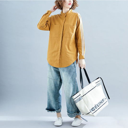 Elegante schokoladenbraune Leinenkleidung für Frauen Bio-Ausschnitt Langarm-Box-Patchwork-Streifenoberteil