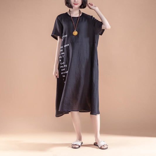 Elegant cotton dresses oversize Short Sleeve Pockets Summer Casual Black Dress